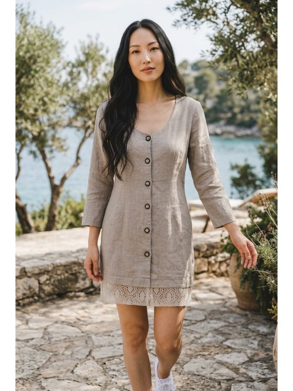 Fredericks of Hollywood Flax Button Down Mini Dress Womens Large Vintage Shoulde